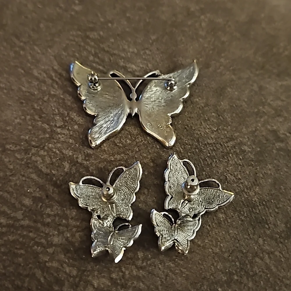 VTG AVON 1991 Enamel Marcasite Whispering Wings Butterfly Brooch Earrings Set